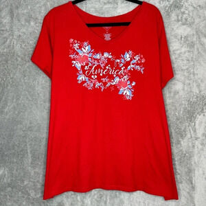 St Johns Bay 3X Shirt Top Red Floral Short Sleeve V Neck America Cotton Blend